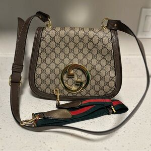 Beige and Brown Crossbody Bag with Gold Accents